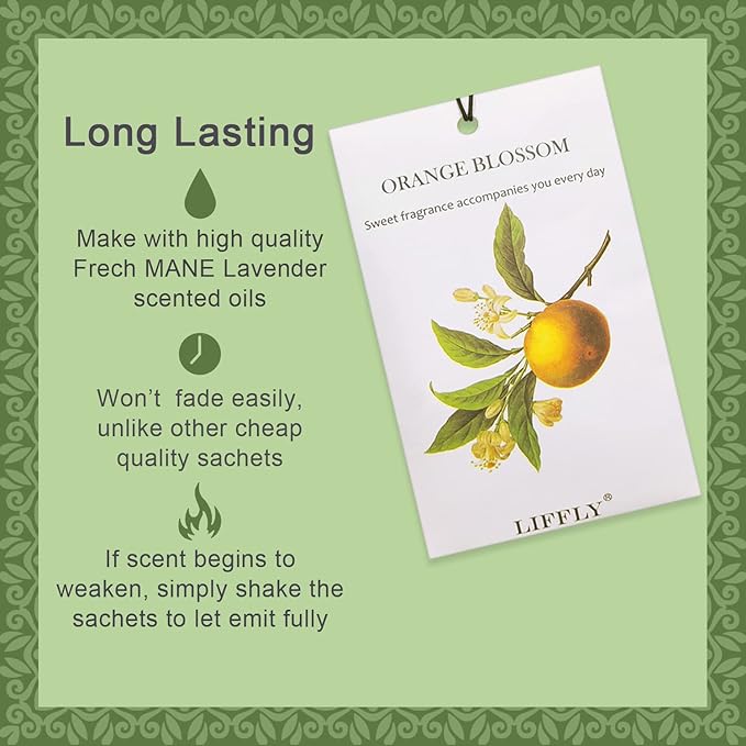 LIFFLY 14 Packs Orange Blossom Sachets fit Drawer and Closet Long Lasting Gift