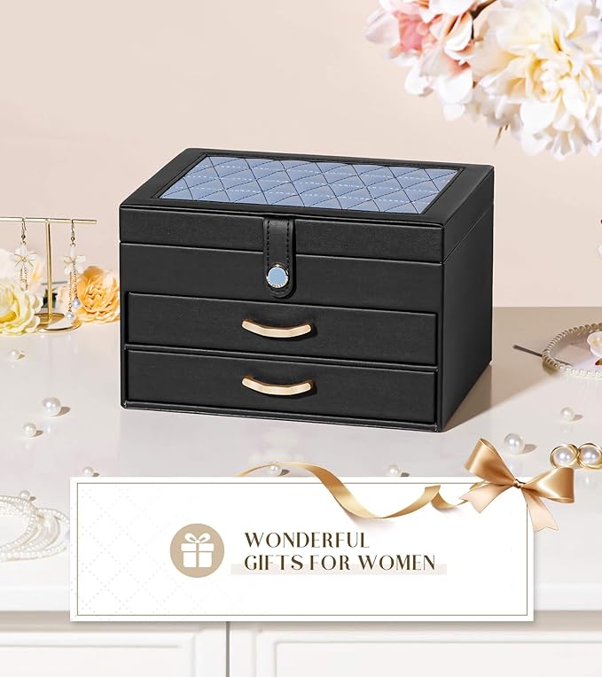 Black Jewelry Box Organizer: Home Decor for Women - 2-Drawer Holder for Valentine’s Day Birthday Gift Black Grey-Blue