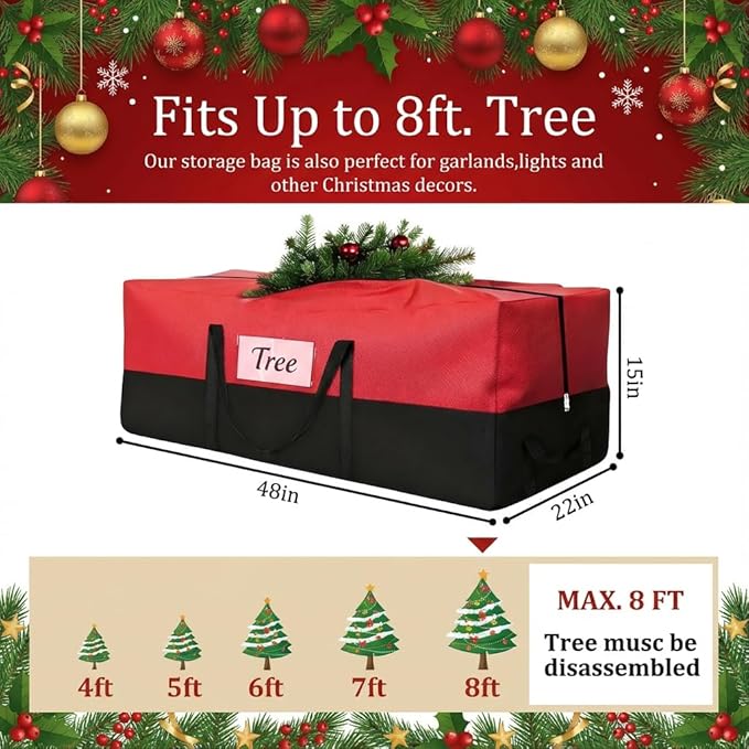 Christmas Tree Storage Bag - Fits Up to 8 Ft Tall Artificial Trees, Heavy Duty Holiday Storage Box With Reinforced Handles, Zipper & Transparent Pocket - 600D Oxford Container, Red