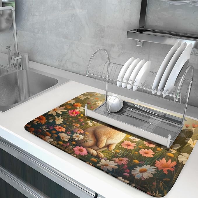 Giwawa Easter Bunny Dish Drying Mat Flower Butterfly Kitchen Drainer Mat 18x24 inch Absorbent Reversible Dish Rack Pad for Counter Tabletop Decor