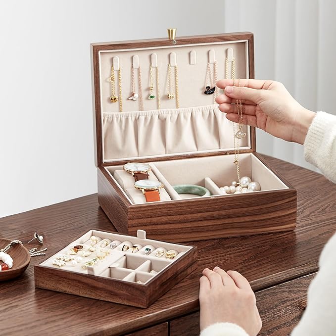 Homruilink Black Walnut Wooden Jewelry Box for Women 2 Layer Jewelry Organizer with Removable Tray for Watches Rings Earrings Necklace Bracelets Birthday Christmas Gifts