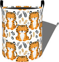 Cheerful Tiger with Leaf Laundry Basket with Handles, 19.7"x15.7" Clothes Foldable Cute Tigers Cartoon Animal Laundry Hamper Organizer for Dorm Nursery Bedroom Bathroom Decor, Toy Storage Bin for Kids