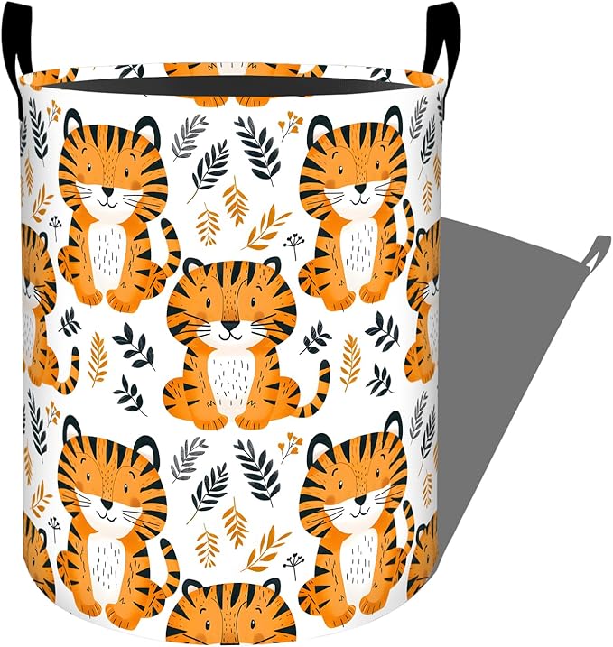 Cheerful Tiger with Leaf Laundry Basket with Handles, 19.7"x15.7" Clothes Foldable Cute Tigers Cartoon Animal Laundry Hamper Organizer for Dorm Nursery Bedroom Bathroom Decor, Toy Storage Bin for Kids