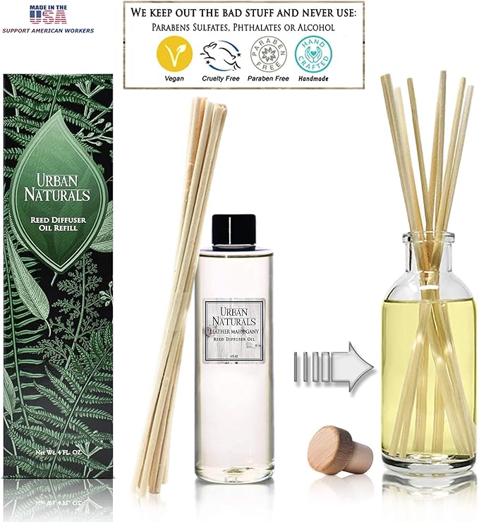 Urban Naturals Leather Mahogany Scented Oil Reed Diffuser Refill | Includes a Free Set of Reed Sticks! Masculine Blend of Smoky Bergamot, Leather, Spice, Amber and Wood – 4 oz. Made in The USA