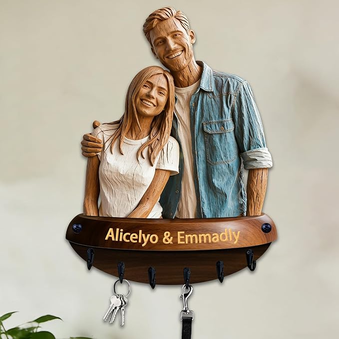 Custom Photo Wood Carving Style Wall Mounted Hook Custom Couple Picture Realistic Style 2D Key Storage Holder for Bedroom Living Room Hallway Couple Photo Coat Rack Home Decor Gift for Husband Wife