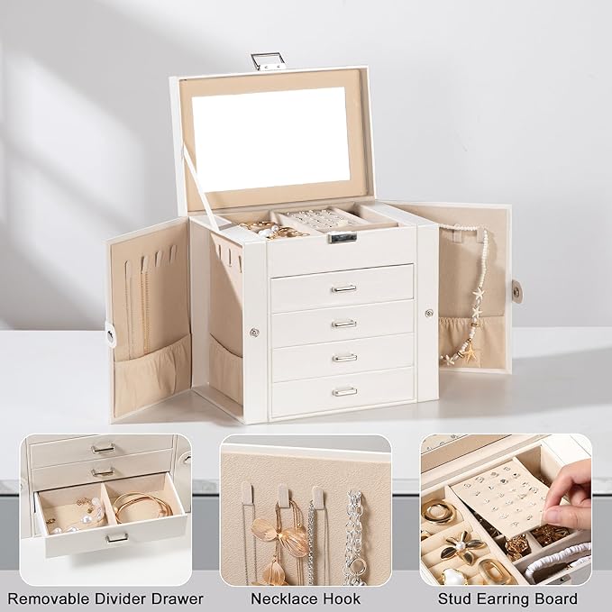 Frebeauty 5-layer Jewelry Box,Faux Leather Jewelry Organizer with 4 Drawers,Jewelry Organizers and Storage with Mirror,Jewelry Holder Organizer for Necklace,Jewerly Boxes for Women Girls(Beige)