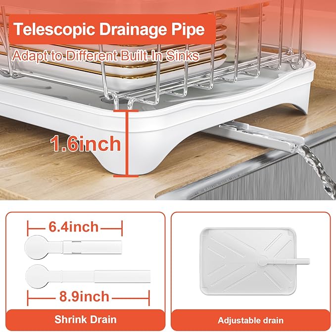 HOMEAILIE Dish Drying Rack for Kitchen Counter, 2-Tier 304 Stainless Steel Dish Rack with Adjustable Drainage Board, Removable Cup Holder, Utensil Holder, White