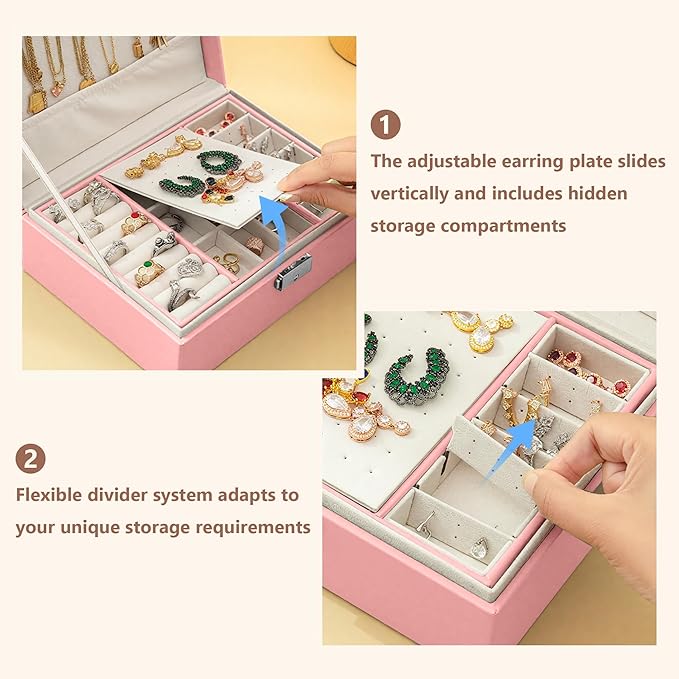 Homeanda Jewelry box 2 layer Jewelry box Leather Jewelry boxes for Women Girls Teens Jewelry organizer box Jewelry Storage box with lock(Pink)