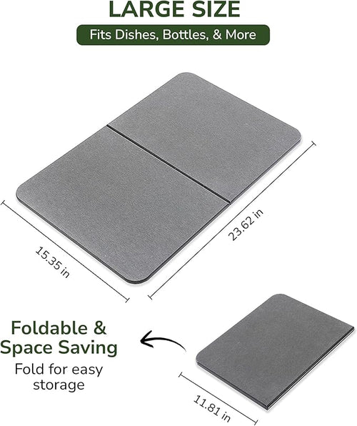 2-Panel Large Foldable Stone Drying Mat 24"x16" – Diatomaceous Earth Stone Dish Drying Mat, Ultra-Absorbent Stone Drying Mat for Kitchen, Collapsible Quick-Dry Countertop Protector for your Dishes