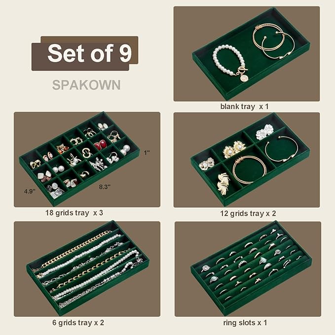 SPAKOWN Jewelry Drawer Organizer Inserts Set of 9, Jewelry Trays for Drawers Velvet Jewelry Organizer Tray Drawer Jewelry Organizers and Storage for Earring Ring Necklace Watch Bracelet (Green)