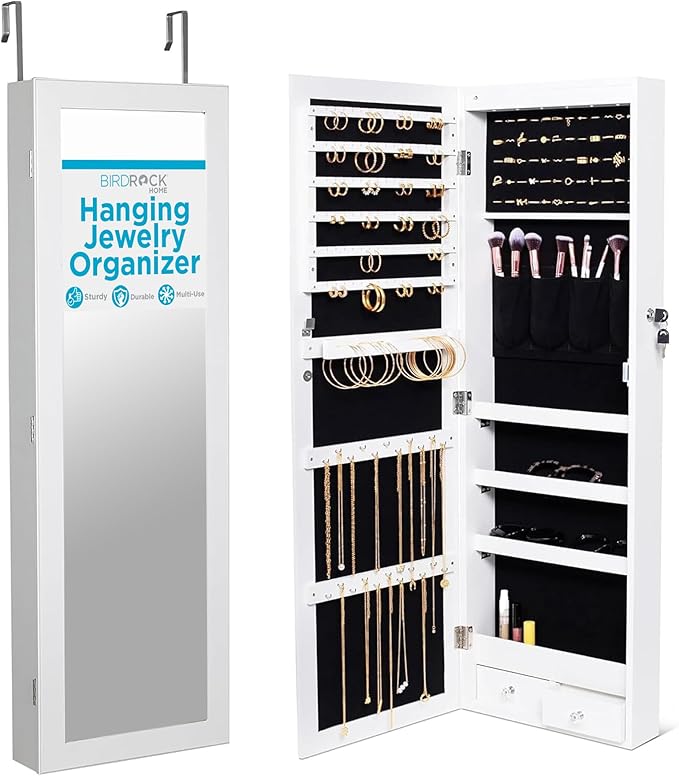BIRDROCK HOME Hanging Jewelry Organizer - Lockable Storage Cabinet with Body Mirror & LED Lights, Door or Wall Mounted for Closet or Bedroom Dresser, Adjustable Height & Large Capacity - White