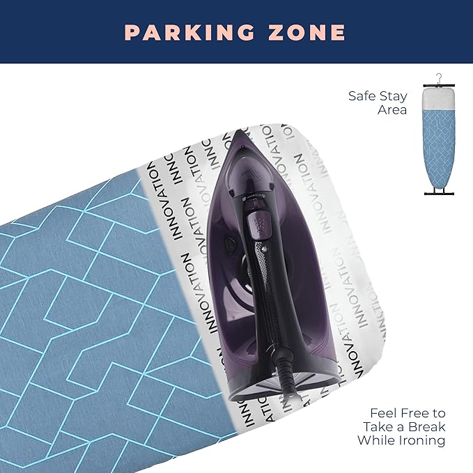 Ironing Board, Compact and Space Saver Foldable Iron Board, Safety Ironing with Park Zone and 3 Layers Extra Thick Cover, Adjustable Height, Easy Storage with Smart Hanger and Lightweight Design
