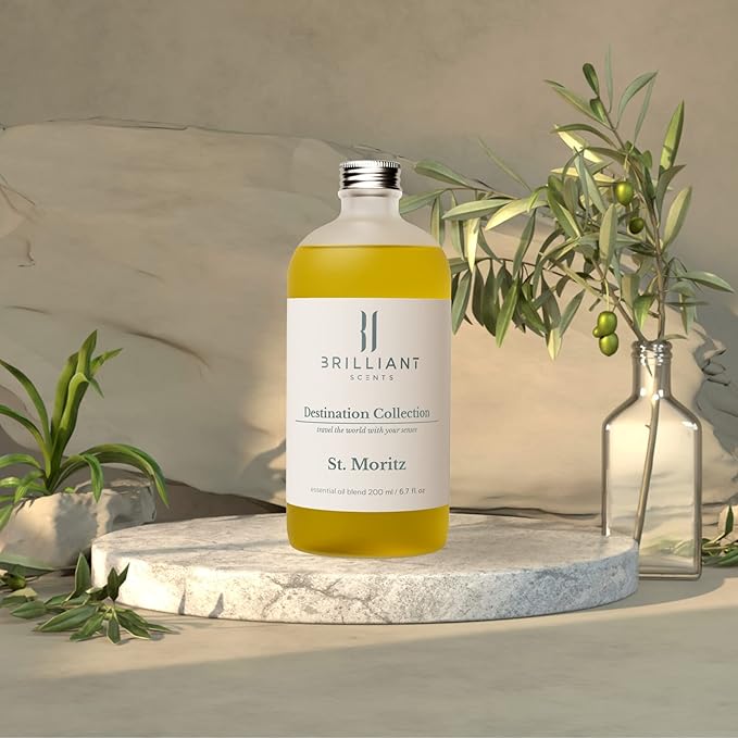 Brilliant Scents St. Moritz Fragrance Oil 200ml - Premium Diffuser Oil for Home, Office, Hotels - Long Lasting, Plant-Based, Meets IFRA Standards, USA-Made - Lemongrass, Magnolia, Koa Wood