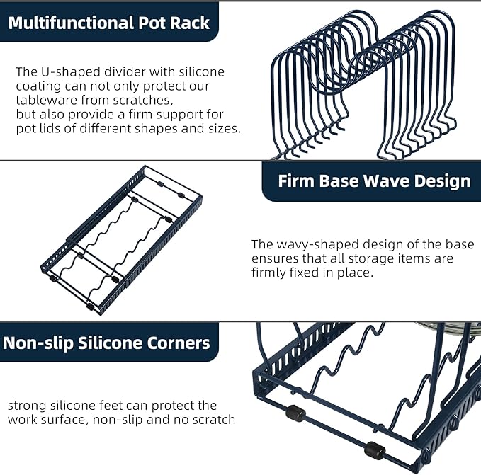 ROOHUA Expandable Pot and Pan Organizer - Cabinet Pot Lid Holder with 10 Adjustable Compartments for Cookware, Baking, Frying (Dark Blue, 10)