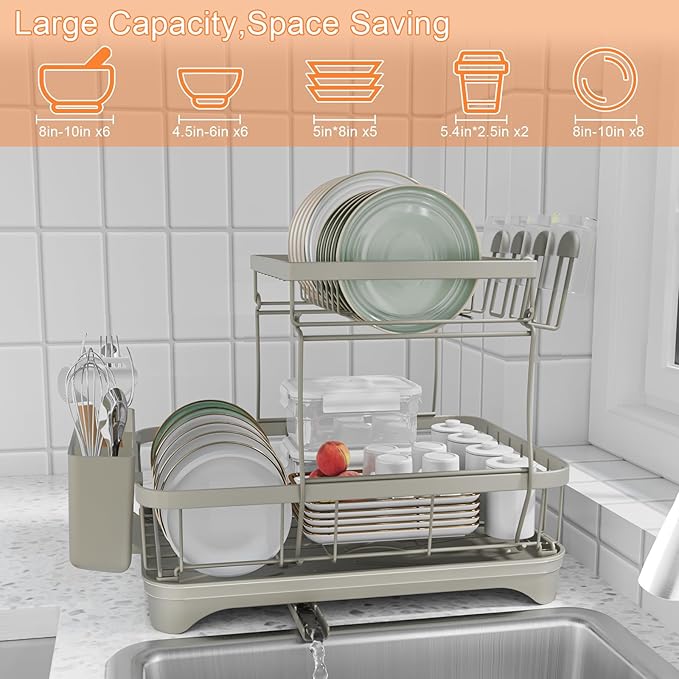 HOMEBOSILY Dish Drying Rack for Kitchen Counter,Two-Tier Dish Rack with Utensil Holder, Auto-Draining Dish Racks, Large Capacity Dish Drainer Organizer for Plates, Bowls, Cups with Drainboard Grey