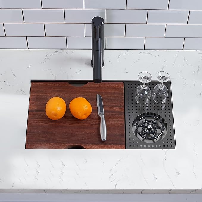 VCCUCINE 23 Inch Gunmetal Black Undermount Bar Sink with Glass Rinser,23x14 RV Small Kitchen Sink Stainless Steel Workstation Wet Bar Sink,16 Gauge Single Bowl Outdoor Prep Sink with Cutting Board