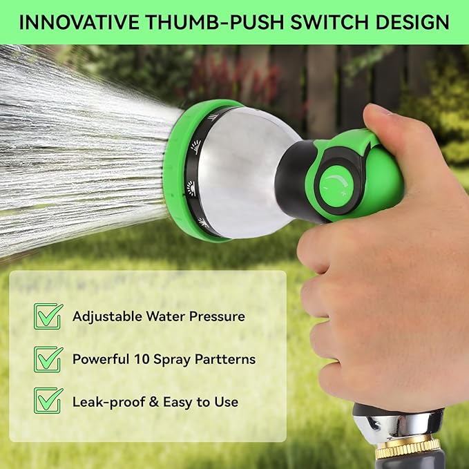 AnyEasy Garden Water Hose Nozzle Metal Heavy Duty Sprayer Thumb Control with 10 Spray Modes Suitable for Watering Plants, Iawn and Garden, Car Washing, Cleaning, Showering Pets and Outdoor Fun, Green