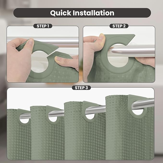 Inhousolu No Hook Waffle Weave Shower Curtain with Removable Snap in Fabric Liner Set for Bathroom, 230 GSM Heavy Duty Weighted Hem, Water Repellent Washable Bath Curtains, 72 x 84 Inch, Sage Green