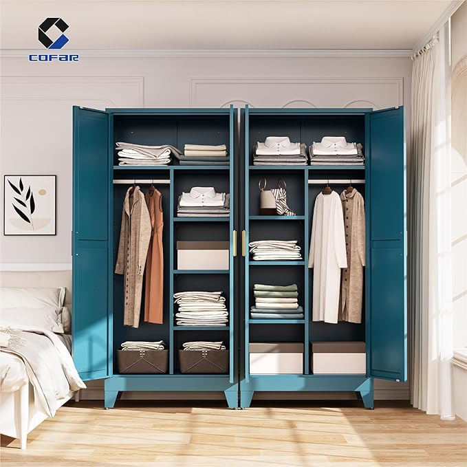 COFaR 71'' Tall Wardrobe Closet with Doors, Metal Bedroom Armoire with Adjustable Hanging Rod and Shelves, Farmhouse Broom Closet Storage Cabinet for Garage Laundry Office, Peacock Blue