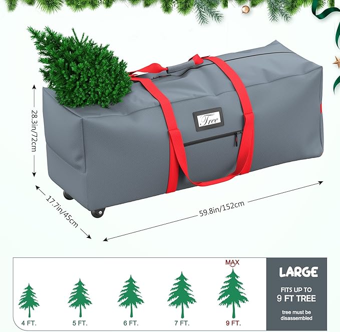 Mrrihand Christmas Tree Storage Bag, Large Artificial Anti-Tear Heavy-Duty 600D Oxford Cloth Xmax Christmas Tree Storage Box with Rolling Wheels, Christmas Tree Storage Container (Grey&Red, 9Ft)