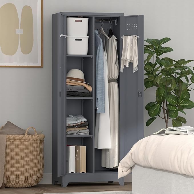 65" H Metal Garage Storage Cabinet,Broom Closet Storage Cabinet with Adjust Shelves,Utility Cabinet,Utility Closet for Garage,Gray-White