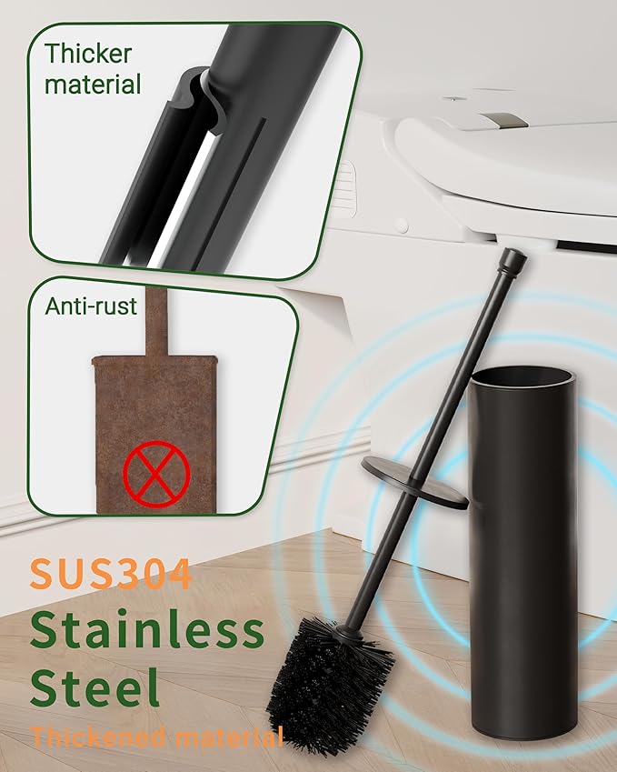 WZKALY Toilet Brush and Holder Set, Toilet Bowl Brush for Bathroom with Long Handle, Stainless Steel Toilet Cleaner Brush with Durable Scrubbing Bristles,Splash-Proof (Matte Black)