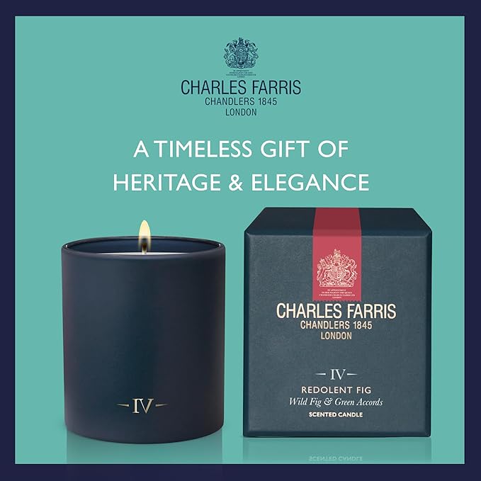 Charles Farris Luxury Scented Candle – 1 Wick, Hand-Poured, Long Lasting, Clean Burning, 210g / 7.5oz, Burns for up to 50 Hours, Made in England – Wild Fig & Green Accords – Redolent Fig