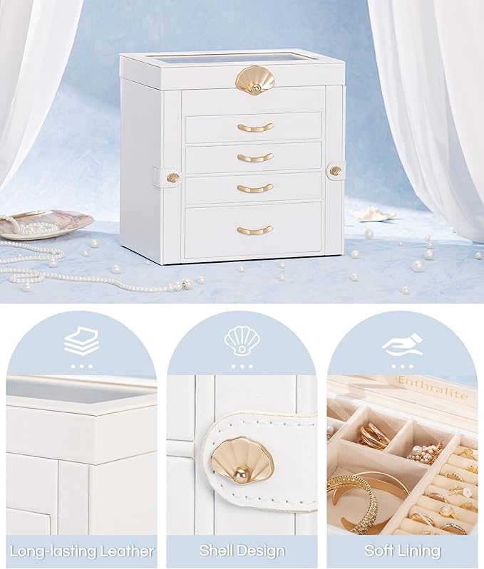 Jewelry Box with 4 Drawers: Display Organizer for Earrings Necklaces - Christmas Gifts for Girls Women (White)
