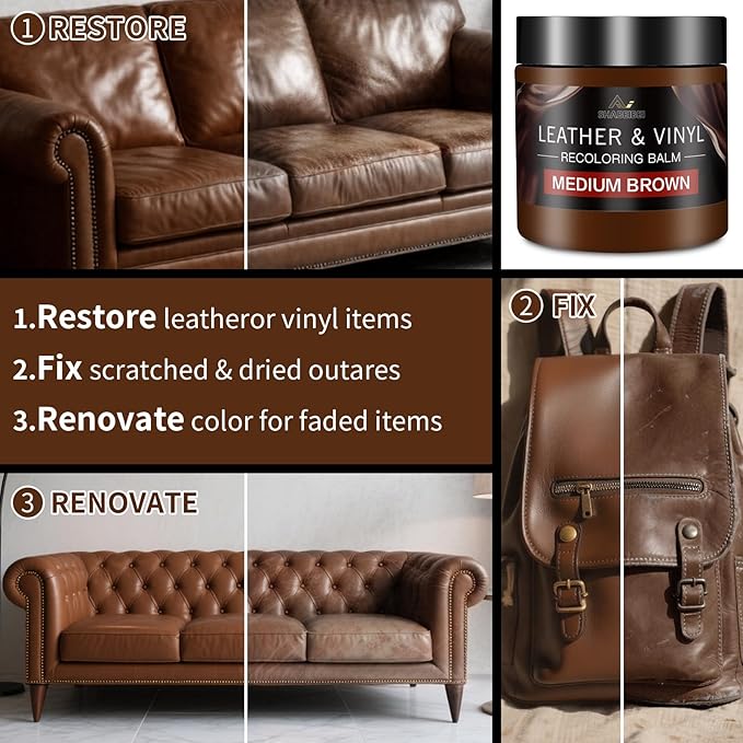 Leather Recoloring Balm and Scratch Repair Kit, Medium Brown Leather Restorer for Couches, Furniture, Car Seats, Leather Paint & Stain for Sofa, Chairs, Bags, and More