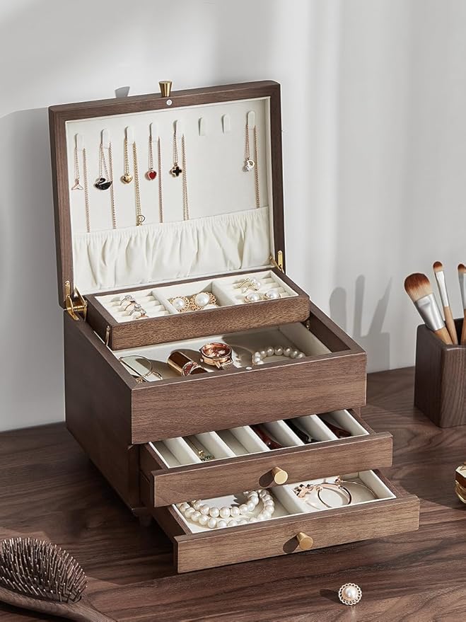 Wooden Jewelry Box, 3 Layer Large Jewelry Organizer for Women, Jewelry Storage, for Necklaces Rings Earring Watches Bracelets, Black Walnut Wood, Valentine's Day Gift