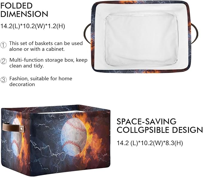 ALAZA Funny Baseball Ball Fire Water Foldable Storage Box Storage Basket Organizer Bins with Handles for Shelf Closet Living Room Bedroom Home Office 2 Pack