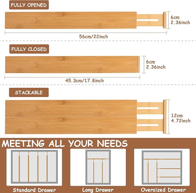 Bamboo Drawer Dividers,Kitchen Drawer Dividers Adjustable,Expandable Drawer Dividers Organizer for Kitchen large Utensils, Dressers Bathroom,Clothes,Office,Drawer Organization Separators(17.7-22 in)