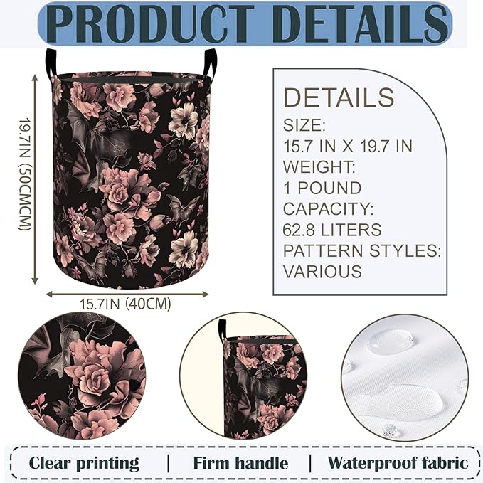 Gothic Bat and Floral Laundry Basket Hamper 19.7"x15.8", Goth Foldable Waterproof Oxford Clothes Storage Bucket for Room Bathroom Bedroom Nursery Decor, Toy Organizer Bins Gifts for Kids Boys Girls
