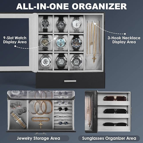 9-Slot Watch Display Case with Necklace Display, High End Men Jewelry Box w/ Drawer, Standing Watch Box for Men w/ Clear Lid, Watch Case for Sunglasses, Vertical Storage, Space Saving, Ideal Gift