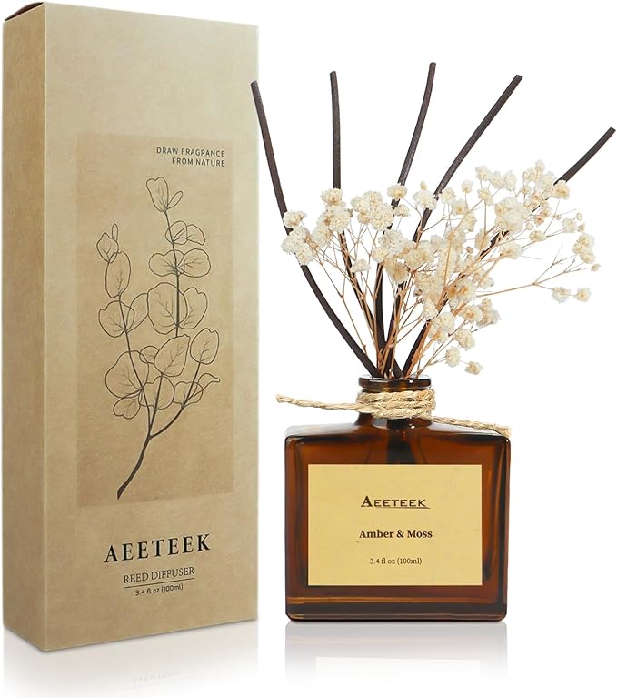 Reed Diffuser, Amber & Moss Essential Oil Diffuser with Dried Flowers, 3.4 oz Scented Oil Air Freshener, Handmade Home Decor, Long-Lasting Room Scent Fragrance for Office, Bathroom