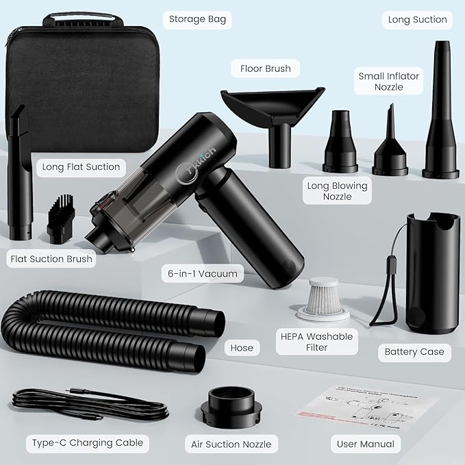 Tkkich Cordless Car Vacuum Cleaner with Removable Battery as 35W Power Bank, 6-in-1 Handheld Vacuum Blower Set,18000PA Mini Vacuum Cleaner 6000mAH with Brushless Motor for Car Home Pet Cleaning