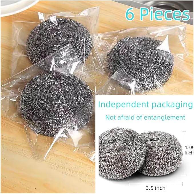 Aikcks 6-Piece Stainless Steel Sponge Scrubber - A Flexible Stainless Steel Velvet Scrubber for Cleaning Tableware, Kitchens, bathrooms, POTS, Pans, Grills and Sinks