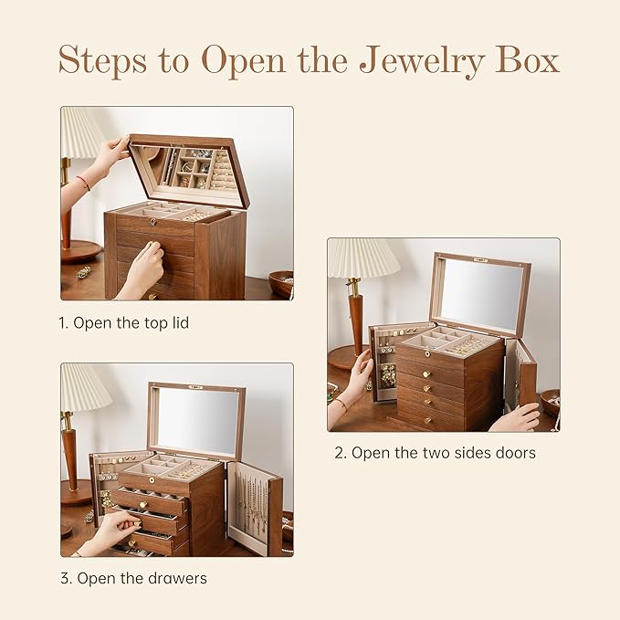 Walnut Wooden Jewelry Box,5-Layer Mirror,Velvet Jewelry Organizer with 11.8x7.8x10.4 Inches,Side Doors Brass Handle Jewelry Organizers Storage for Women Bridesmaid Christmas Gifts