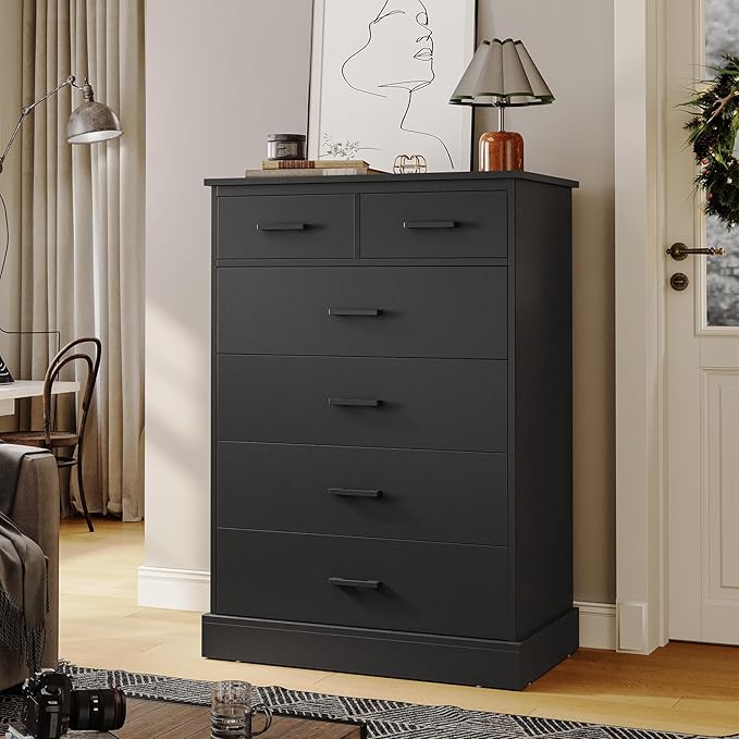 Hasuit Black Dresser for Bedroom, 6 Drawers Dresser Wood Storage Tower Clothes Organizer, Chest of 6 Drawers, Large Capacity Storage Cabinet, Tall Dressers for Bedroom, Hallway, Entryway