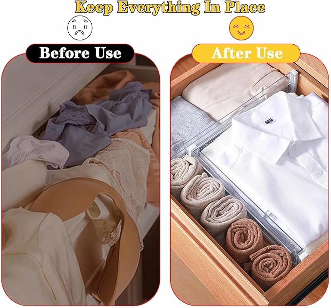 4 Pack Drawer Dividers for Clothes, 3.15" High 11.34"-19.69" Adjustable Expandable Dresser Drawer Organizer, Clear Plastic Separators for Dresser, Baby Clothing, Underwear, Cosmetic