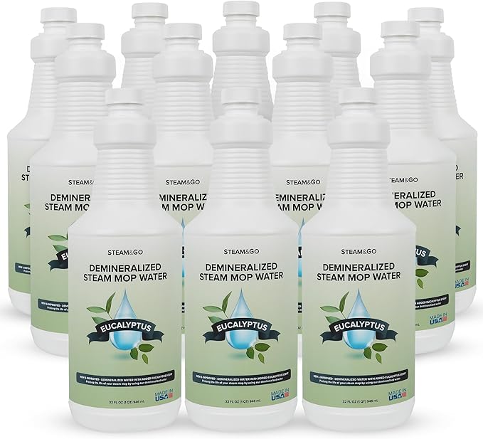 Steam and Go Demineralized Water - Multi-Surface Cleaning Solution for Steam Mop, Ready-to-Use Floor Cleaner, Ideal for Home & Office, Compatible w/Any Steam Mop - Eucalyptus Mint, 32oz, Pack of 12