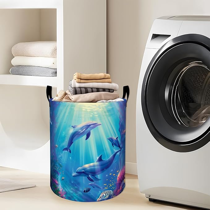 Cute Dolphin Coral Reef Fishes Laundry Basket with Handles, 19.7"x15.7" Clothes Foldable Laundry Hamper Organizer for Dorm Nursery Bedroom Bathroom Decor, Toy Storage Bin for Kids