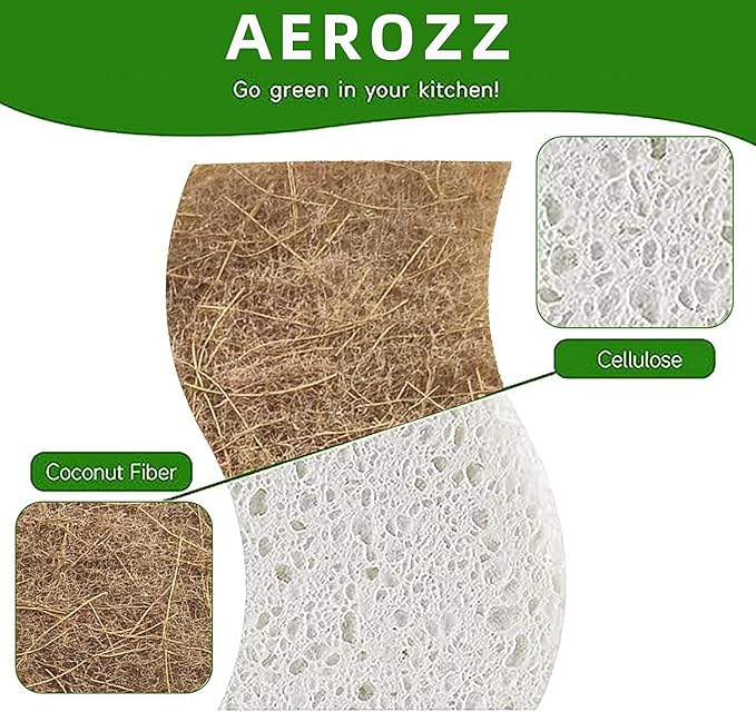 AEROZZ 10 Pack Biodegradable Natural Sponges Kitchen - Compostable Cellulose and Coconut Walnut Scrubber Sponge - Non Scratch Eco Friendly Quick Drying Sponges for Dishes