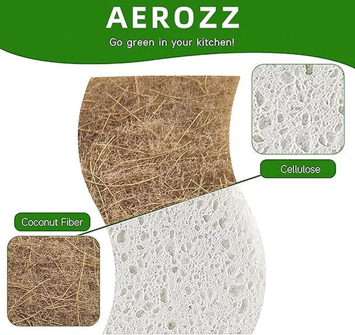 AEROZZ 10 Pack Biodegradable Natural Sponges Kitchen - Compostable Cellulose and Coconut Walnut Scrubber Sponge - Non Scratch Eco Friendly Quick Drying Sponges for Dishes