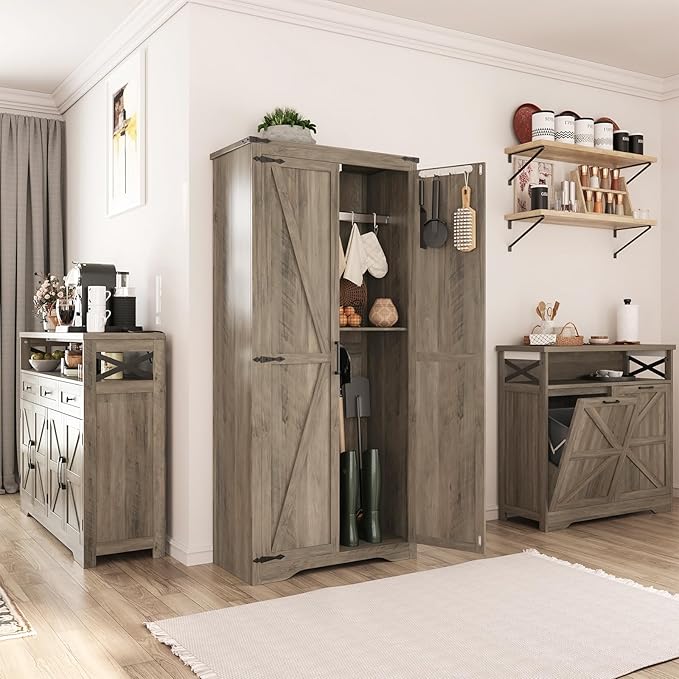 Farmhouse Rustic Grey Storage Cabinet with Adjustable Shelves, Large Pantry Organize with 2 Barn Doors, Tall Freestanding Cabinet for Kitchen, Bathroom, Garage, Living, Utility Room