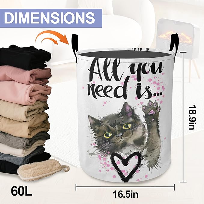 Cute Cat Laundry Basket, All you Need is Oxford Cloth Laundry Hamper With Handle Foldable Portable Clothes Storage Basket Storage Bag For Laundry Room/Bathroom/Bedroom/Dormitories