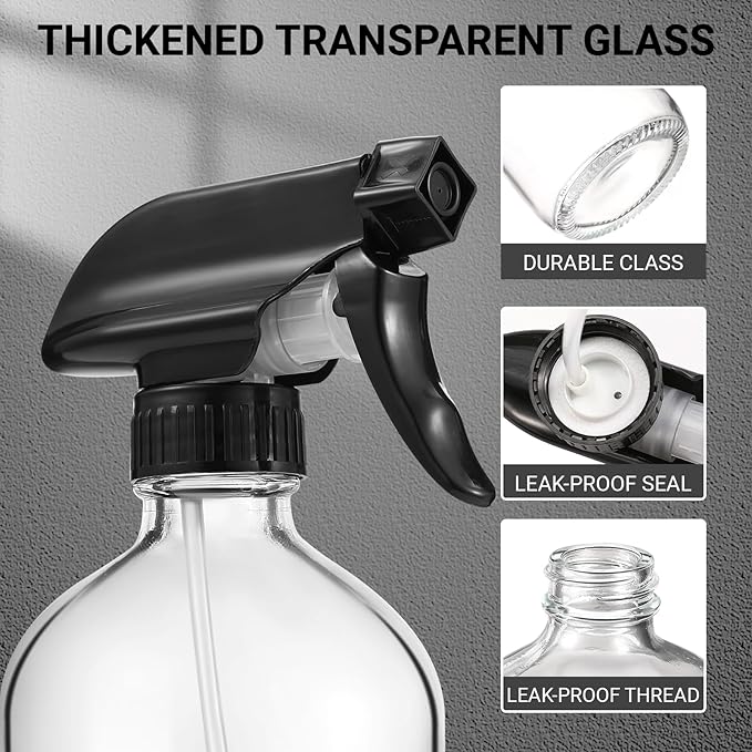 3 Pcs 16oz Empty Glass Spray Bottle with Black Silicone Sleeve Protection - Refillable Boston Round Containers with Adjustable Nozzle for Cleaning Solutions, Essential Oils, Misting Plants, Gardening