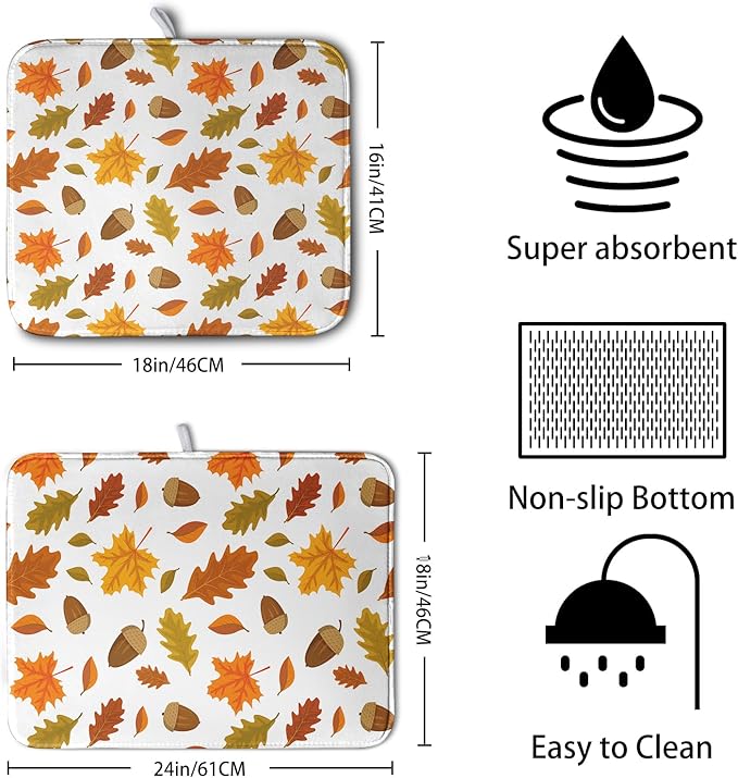 Kwlegh Fall Leaves Dish Drainer Mat - Absorbent Drying Mat for Counter - 18x24 Inch, Orange Maple Leaf Pattern