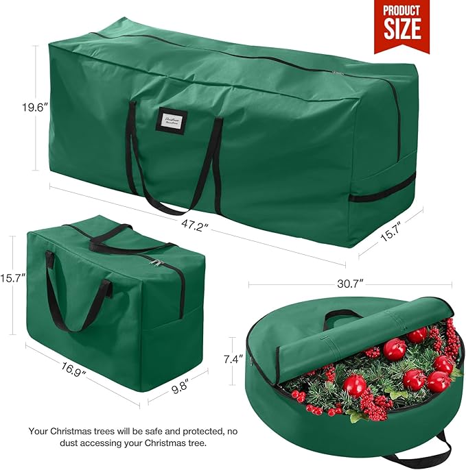 3 Pack Christmas Tree Storage Bag, for 7.5 Ft Artificial Trees up, Durable Waterproof With Reinforced Carrying Handles, Xmas Holiday Garland Bag Storage Case (7.5 Ft, Green)