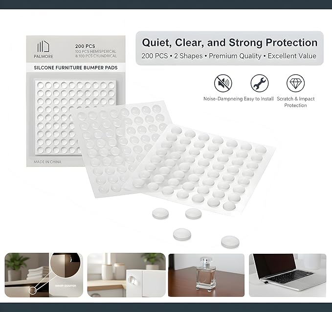 Palmore Cabinet Door Bumpers 200PCS –- Clear 3M Adhesive Silicone Pads (100 Spherical + 100 Cylindrical), Soft Close Sound Dampening Bumpers, 8mm x 3mm, for Cabinets, Drawers, Furniture & Glass